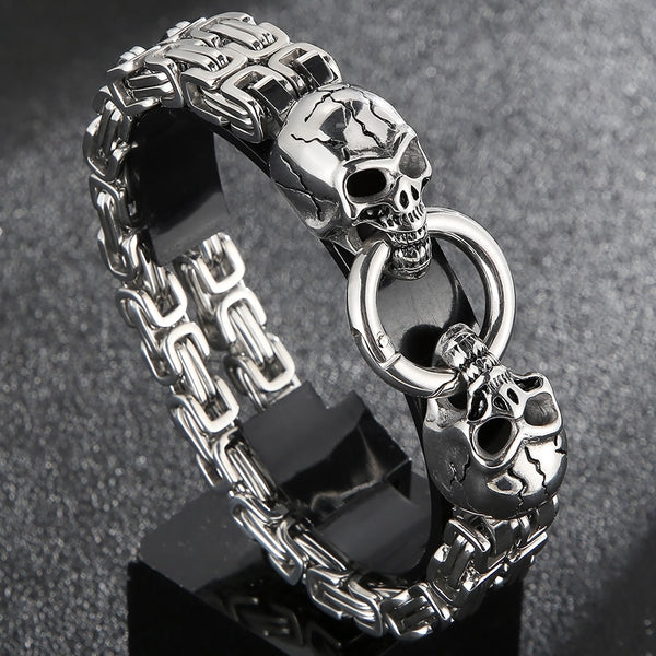Pulsera de calavera punk rock para hombre, de acero inoxidable 316L, con dije de calavera y cadena de doble eslabón.