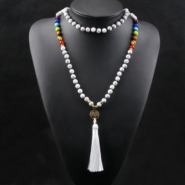 Collar largo anudado con cuentas de piedra natural blanca para mujer, colgante de árbol de la vida, collar de chakras Reiki