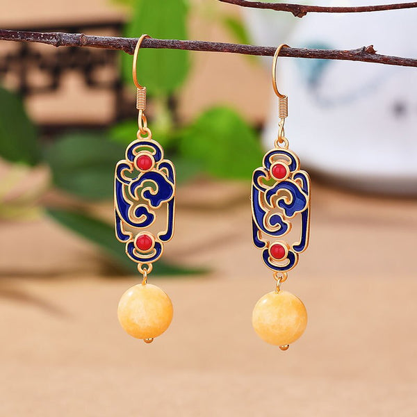 Pendientes de cera de abeja natural con cuentas redondas amarillas, estilo chino, esmalte, nube auspiciosa.