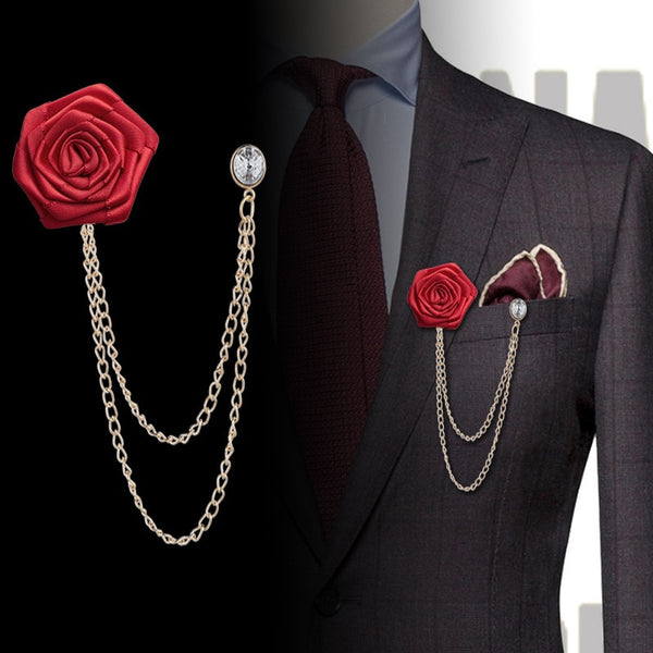 Korean Handmade Fabric Rose Flower Brooch Crytal Tassel Chain Lapel Pin Suit Shirt Corsage Brooches