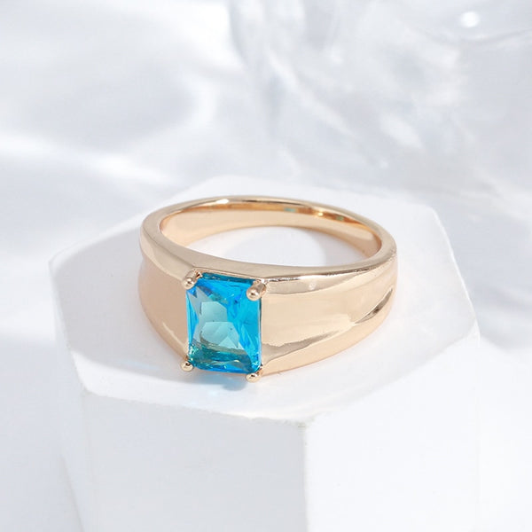 Anillos sencillos de circonita azul cuadrada de metal liso con cara ancha para mujer
