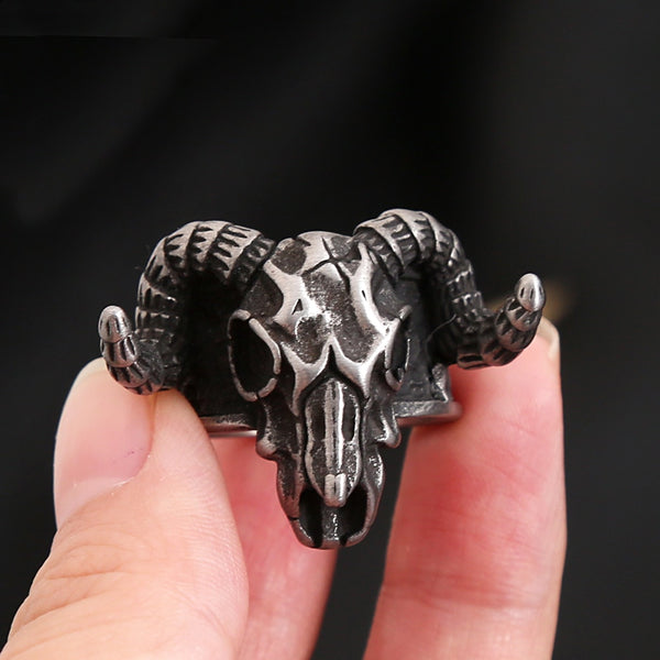 Anillo vintage de acero inoxidable con calavera y cabeza de cabra para hombre
