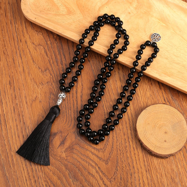 Collar de 108 cuentas de mala de ónix negro de 8 mm, joyería de meditación, rosario, collar con borlas de japamala