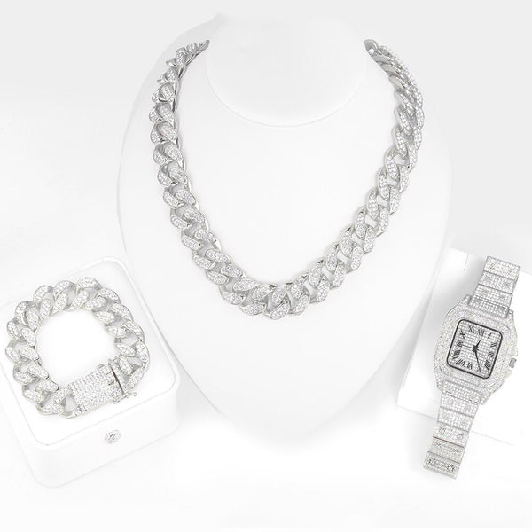 Reloj de pulsera de cuarzo de lujo con microincrustaciones de circonitas cuadradas grandes + collar Cuba de 18 mm + pulsera (kit de 3 piezas)