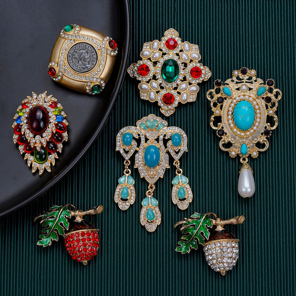 Shmik Baroque Exquisite Women Crystal Badges Pins Vintage Palace Metal Enamel Brooches