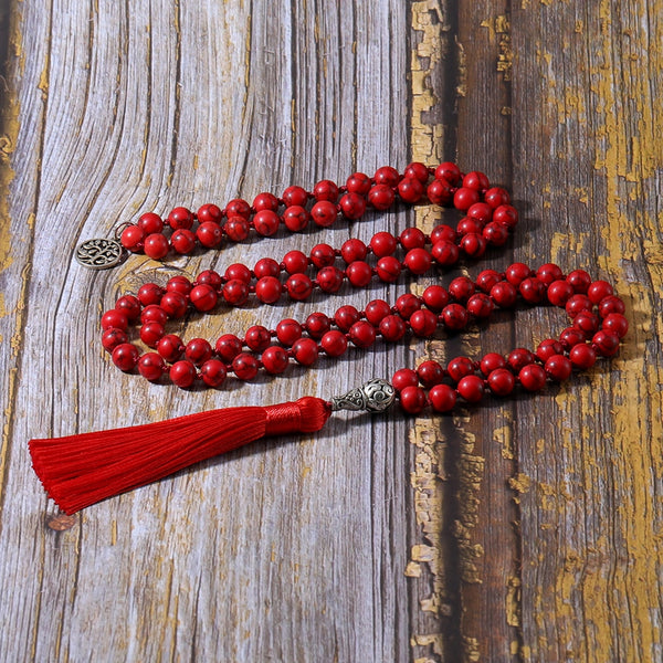8mm Red Turquoise Beaded Knotted Mala Necklace Meditation Yoga Blessing Healing Jewelry