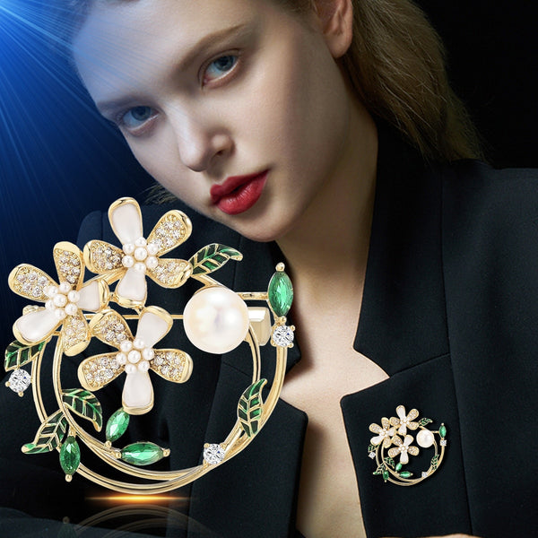 Gardenia Wreath Copper Inlaid Cubic Zirconia Brooch