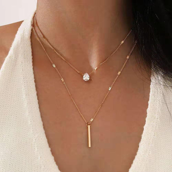 Collar de acero inoxidable multicapa con doble gota de circonita AAA