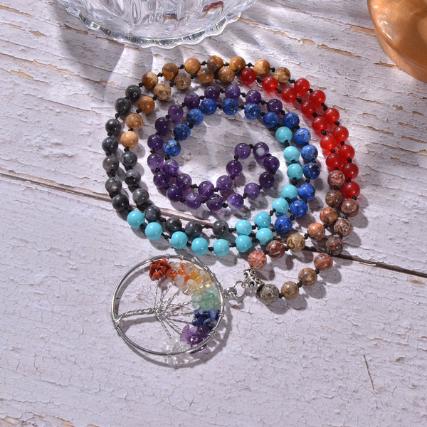 Collar Mala 108 anudado con cuentas de 7 chakras de piedra natural de 8 mm