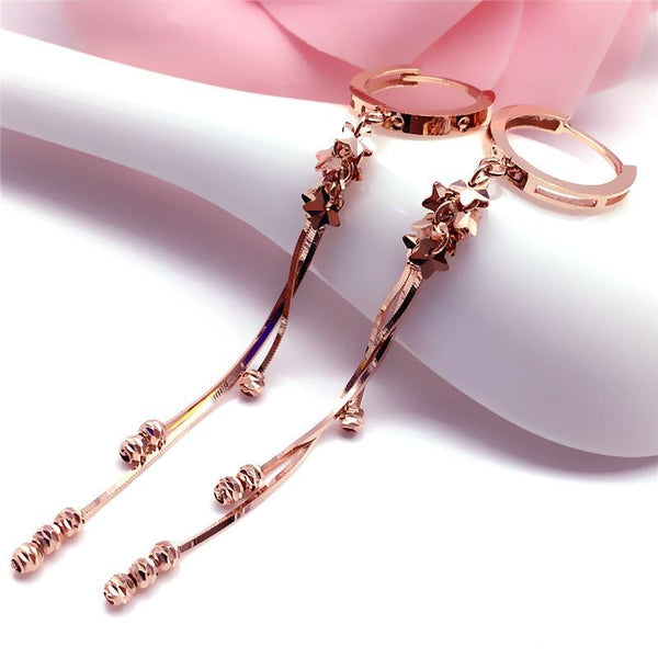 Pendientes colgantes de cuentas redondas con cadena suave de oro rosa para mujer