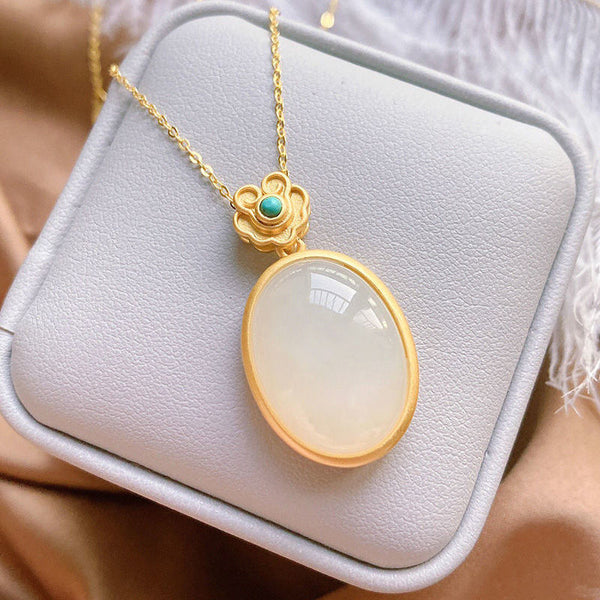 Collar creativo para mujer con colgante ovalado de turquesa y calcedonia natural de Hetian