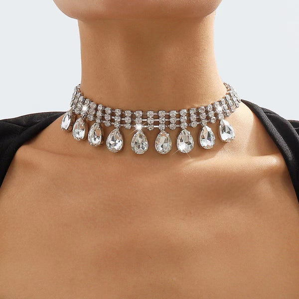 Fashion Luxury Crystal Droplet Pendant Necklace Women&#39;s Multi layered Rhinestone Necklace