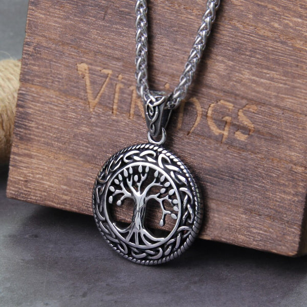 Árbol de la vida vikingo de acero inoxidable que nunca se decolora con celta y con caja de madera