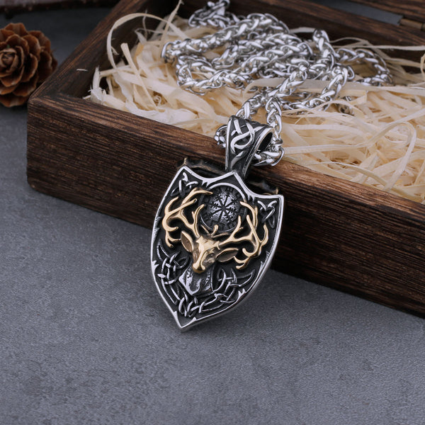 Viking Stainless Steel Deer Head Shield and Signpost Vegvisir Necklace Men's