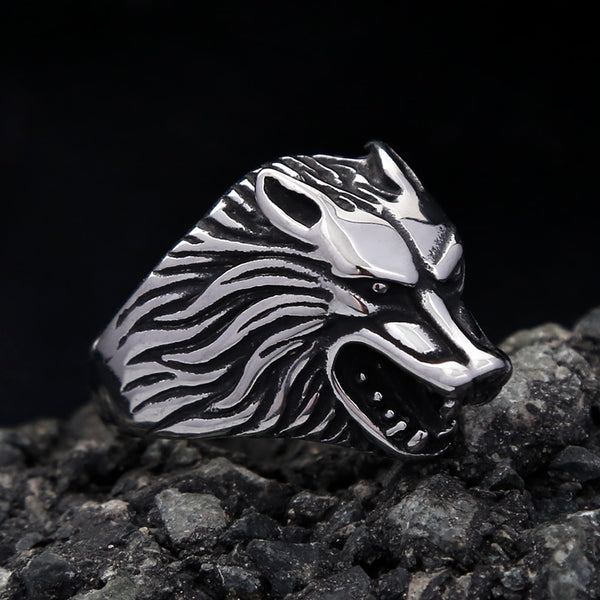 Anillo de cabeza de lobo vikingo nórdico con detalle vintage para hombre y mujer