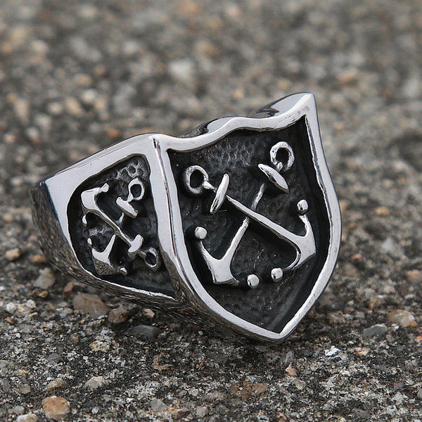 Anillo de ancla vikinga vintage para hombre, anillo de ancla con escudo pirata único y estilo motero.