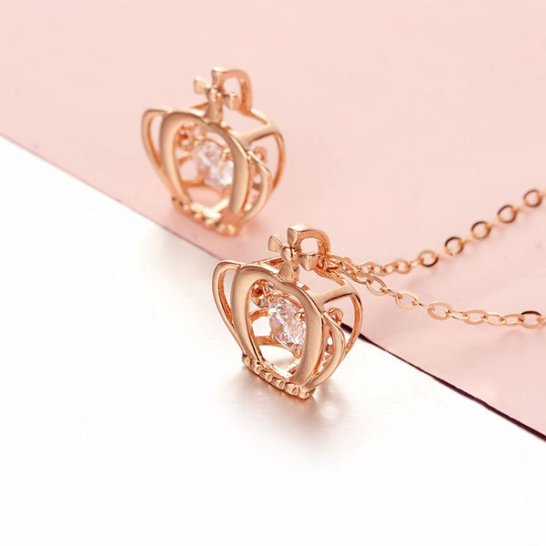 Nuevo collar con colgante de corona de cristal de lujo ligero chapado en oro rosa de 14 quilates y oro púrpura 585