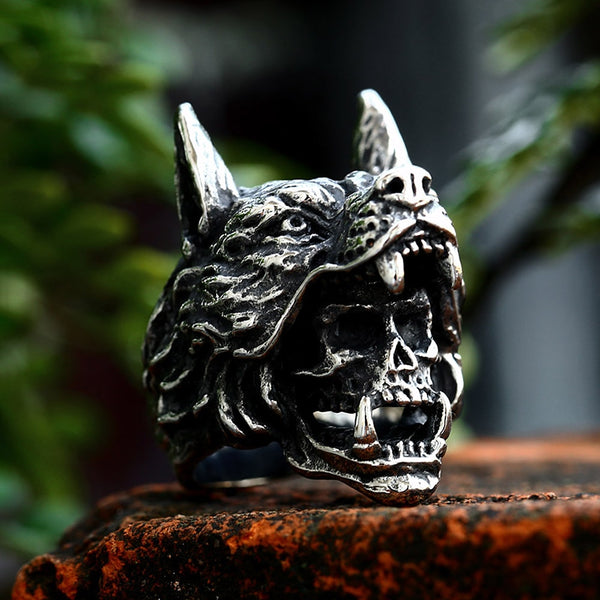 Anillo vikingo vintage gótico de acero inoxidable 316L con cabeza de lobo para hombre