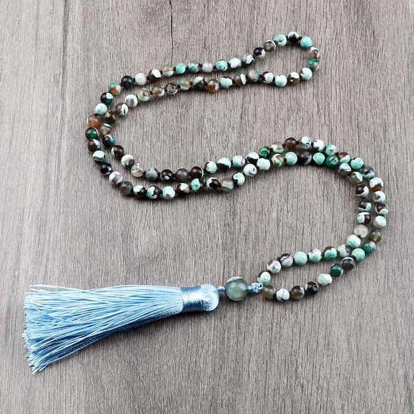 Fashion Women 108 Mala Beaded Necklaces 6mm Green Fire Agates Natural Stone Beads Tassel Necklace