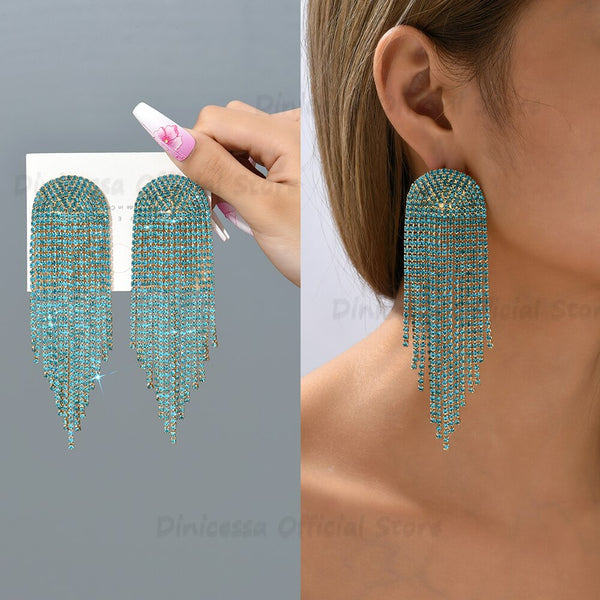 Pendientes colgantes elegantes con borlas largas y cadena llena de diamantes de imitación para mujer de Dinicessa