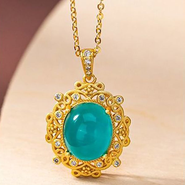 Nuevo collar con colgante ovalado de cristal de piedra Tianhe natural con incrustaciones de plata