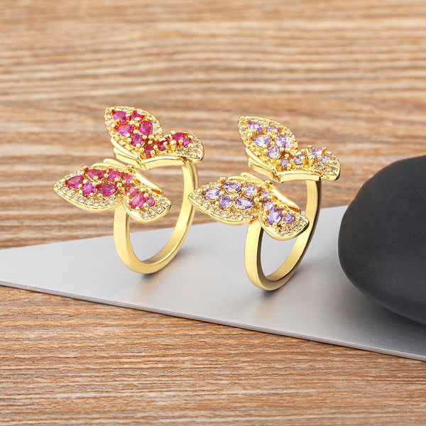 Anillos abiertos de circonita brillante con diseño de mariposa de la suerte y tendencia