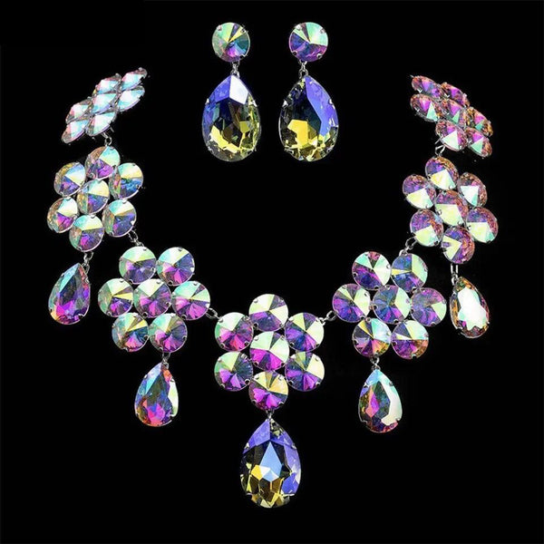 Absolutely Gorgeous Glass Gemstone Jewelry Set Earring Clip on Water Drop Necklace for Women