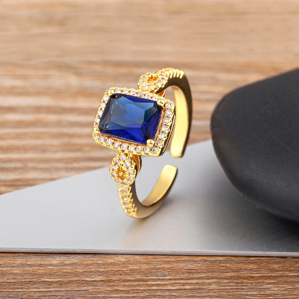 Anillo de circonita rectangular con microincrustaciones en 6 colores, de lujo y ligero, de nueva moda