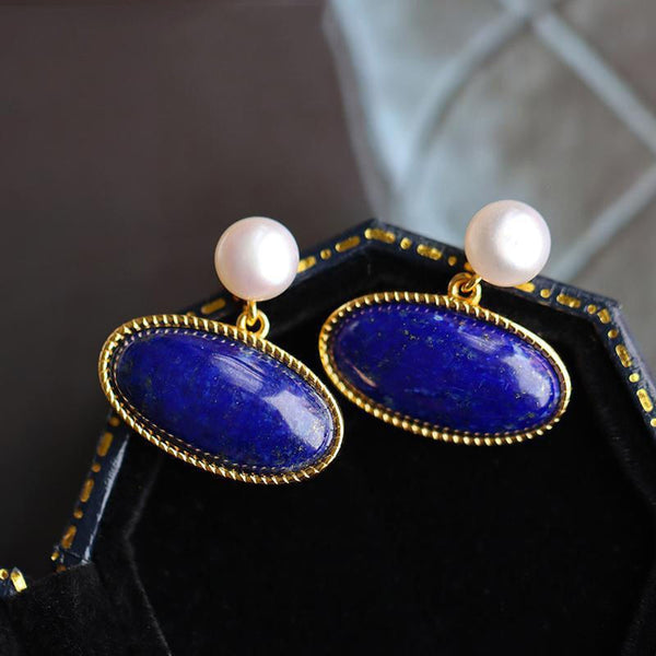 Pendientes ovalados de lapislázuli con incrustaciones de perla para mujer, nuevos y creativos.
