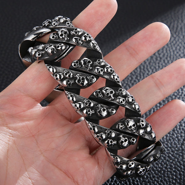 Pulsera de hombre punk rock de acero inoxidable macizo con cadena ancha de calavera para hombre