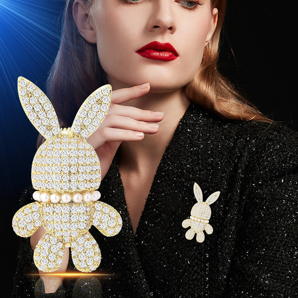 Luxury Copper Micro Inlaid Cubic Zirconia Rabbit Women Brooch Set