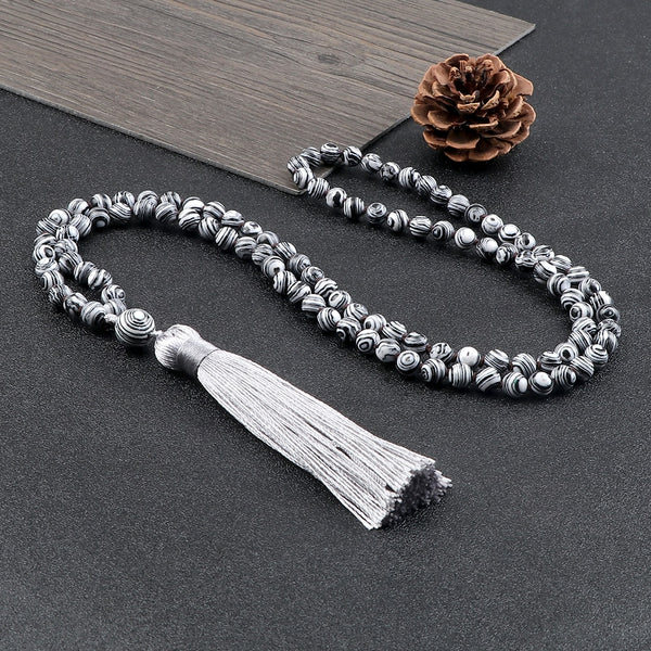 Collares de oración de moda con 108 cuentas de piedra natural, malaquita blanca y negra, cuentas redondas sueltas.
