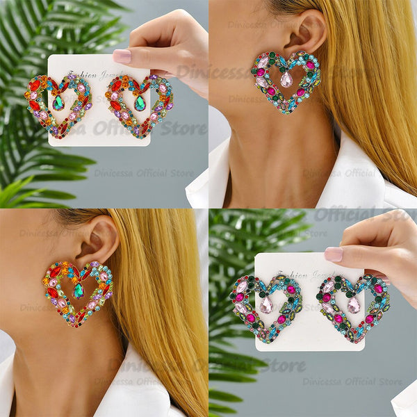 Pendientes de botón grandes con diseño de corazón de lujo y piercing bohemio para mujer