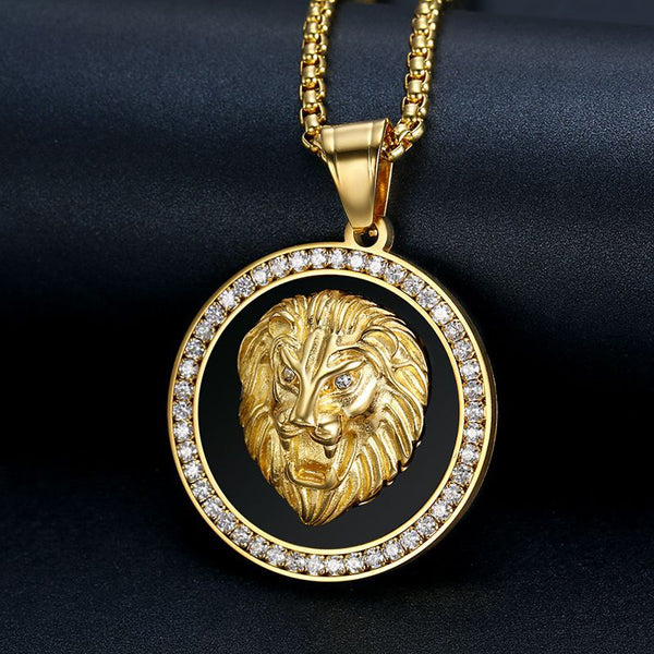 Collar con colgante de acero inoxidable, titanio y cabeza de león de lujo con circonitas estilo hip hop.