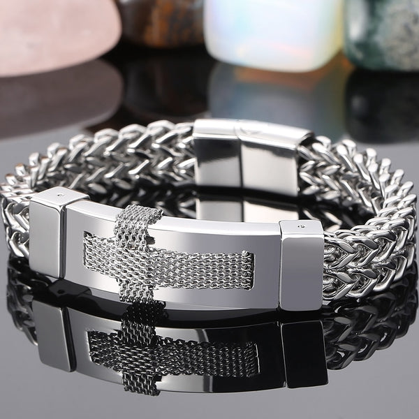 Pulsera de cruz cristiana para hombre, de acero inoxidable chapado en oro.