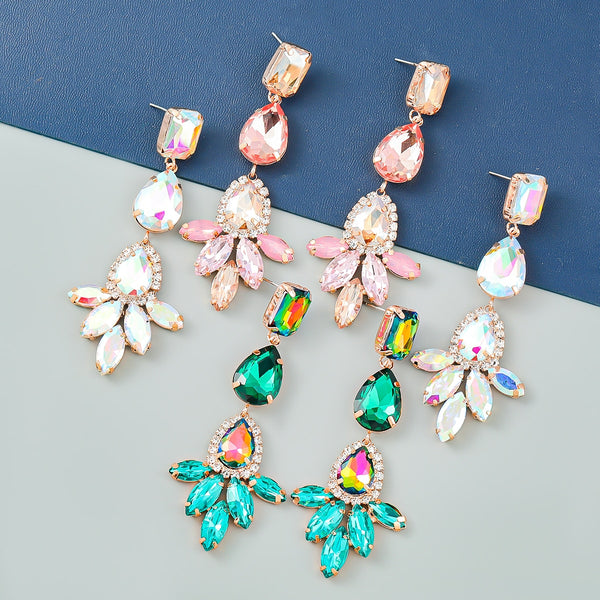 Pendientes geométricos de flores de cristal y metal con diamantes de imitación para mujer