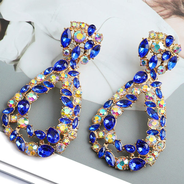 Nuevos pendientes colgantes grandes de metal con forma de gota de agua y cristales coloridos para mujer