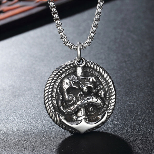 Collar con colgante de calavera y ancla vikinga vintage para hombre