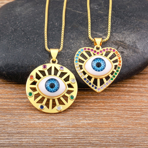 Gargantilla vintage con colgante redondo/de corazón de ojo turco y ojos azules de la suerte, collar de cadena para clavícula