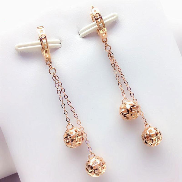 Pendientes colgantes de cuentas redondas dobles de oro rosa de 14 quilates con baño de oro púrpura 585 para mujer