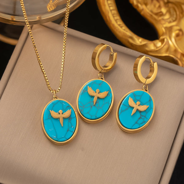 Conjunto de joyería de lujo vintage bohemio para mujer, collar con colgante turquesa y pendientes.