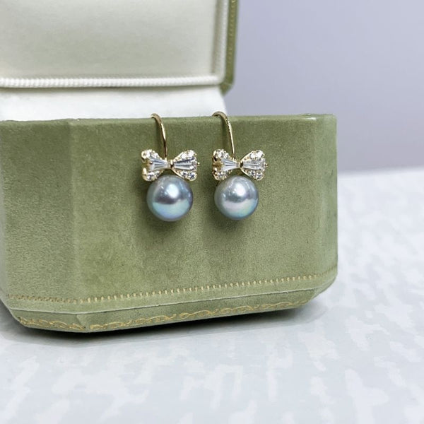 7-8mm Akoya Silver Blue Pearl Drop Earrings Fine Round Pearl Trendy Women