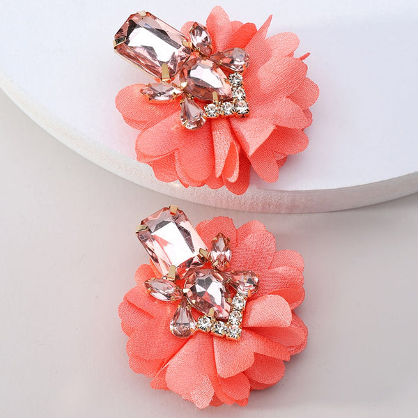 Pendientes colgantes grandes de flores de algodón con incrustaciones de cristal brillante para mujer