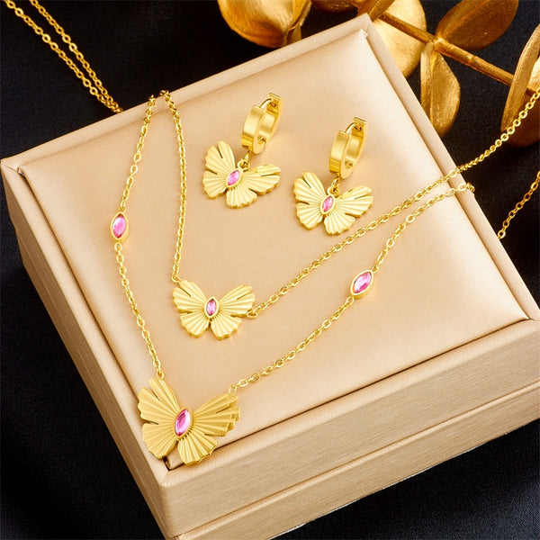316L Stainless Steel Butterfly Pink Zircon Necklace Earrings For Women