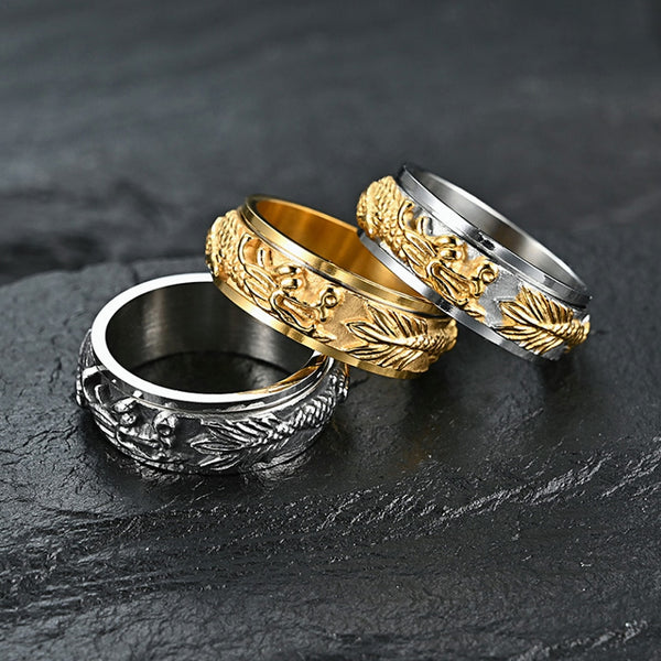 Anillo de dragón en espiral vintage de moda para hombre, estilo punk, de acero inoxidable 316L, giratorio, con diseño de animal.
