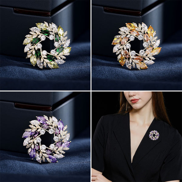 Luxury Copper Micro Inlaid Cubic Zirconia Leaf Wreath Brooch Dress Accessories Gift