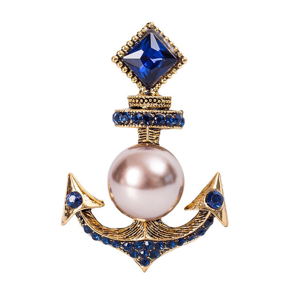 Retro Crystal Pearl Anchor Brooch Pins Rhinestones Cardigan Sweater Lapel Pin