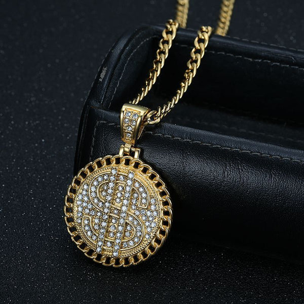 Collar con colgante de cadena de acero inoxidable y titanio con símbolo de dólar estadounidense y dinero rico, estilo hip hop