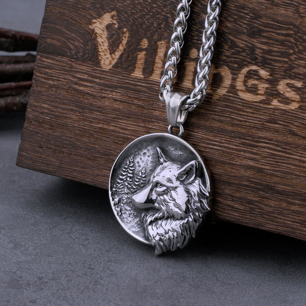 Collar vintage de acero inoxidable con cabeza de lobo y árbol vikingo para hombre