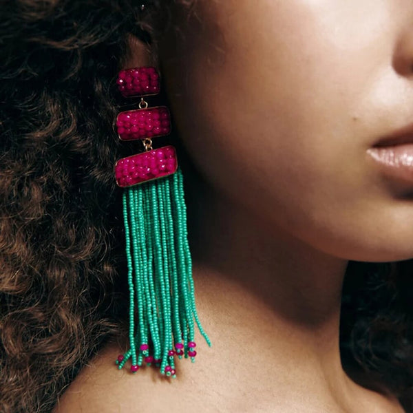 Pendientes largos colgantes con borlas de acrílico y cuentas de estilo étnico para mujer